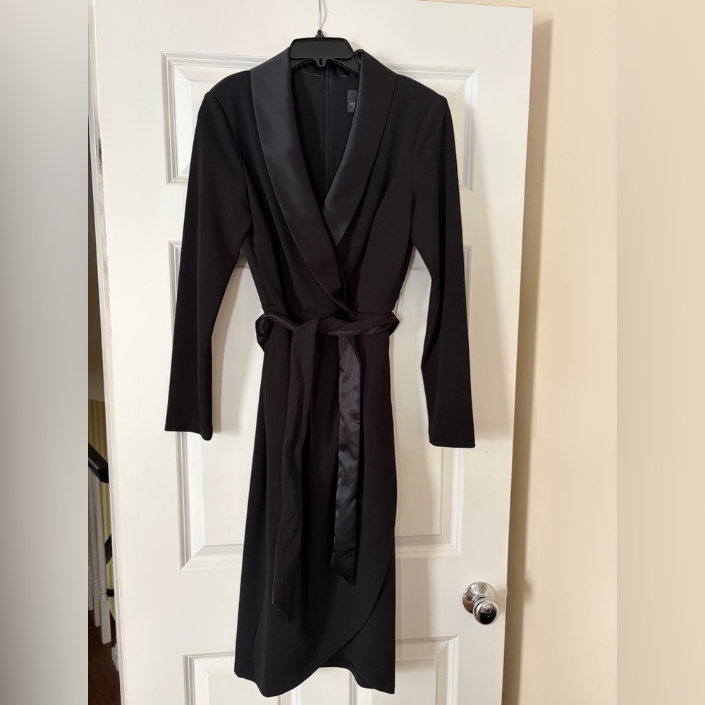 Black Satin-Trim Belted Women's Dress